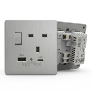  فيش ثلاثي جداري ذكي فضي موديل TP3013AC مع منافذ شحن سريع- TYPE-C & USB